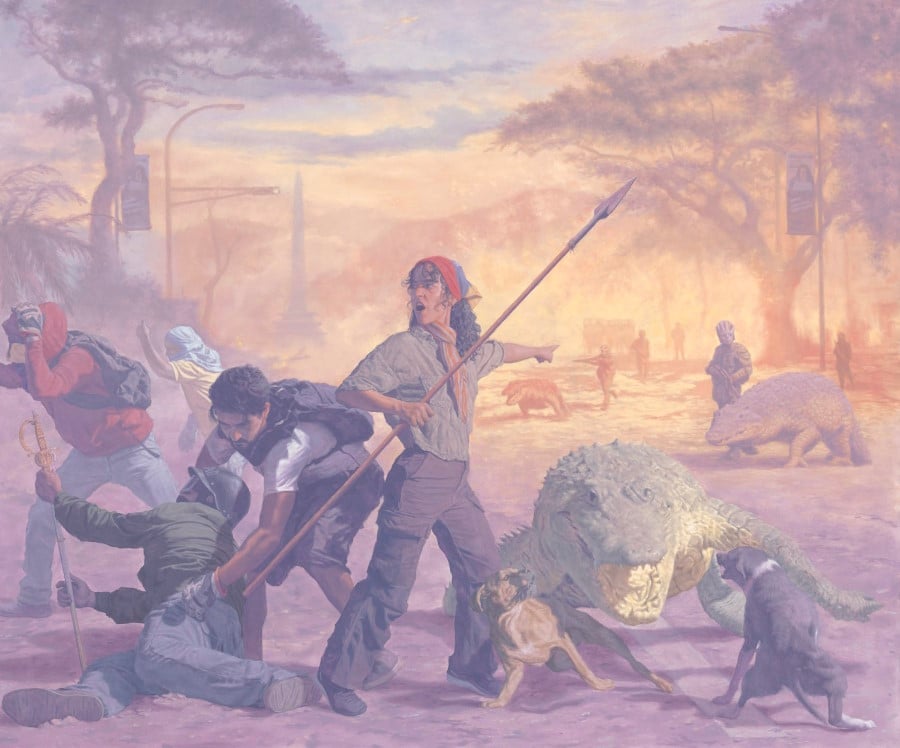 A light purple washed painting of a fight with a woman in cargo pants and headscarf holding a massive spear and pointing to the distance. reptiles appear to be attacking dogs while humans attack each other.