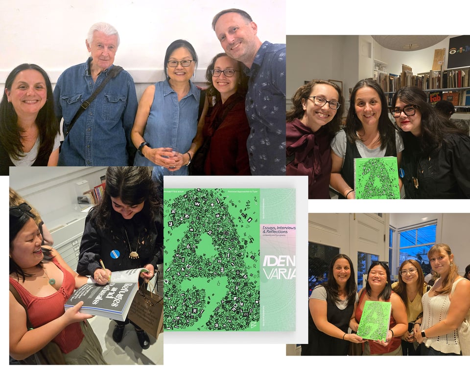 a collage of images of people at a small party with books in the background. People are posing and smiling with a books and signing books.