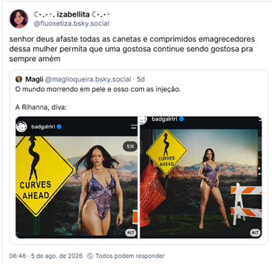 Post de ☾⋆.⋆⭒. izabellita ☾⋆.⋆⭒ (@fluoxetiza.bsky.social): senhor deus afaste todas as canetas e comprimidos emagrecedores dessa mulher permita que uma gostosa continue sendo gostosa pra sempre amém (ela cita o post da Magli)
