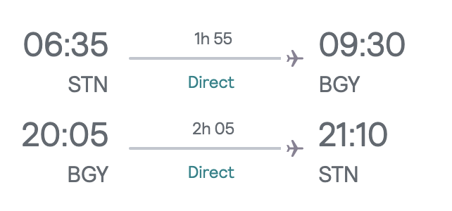 London-Milan flight return with local departure times