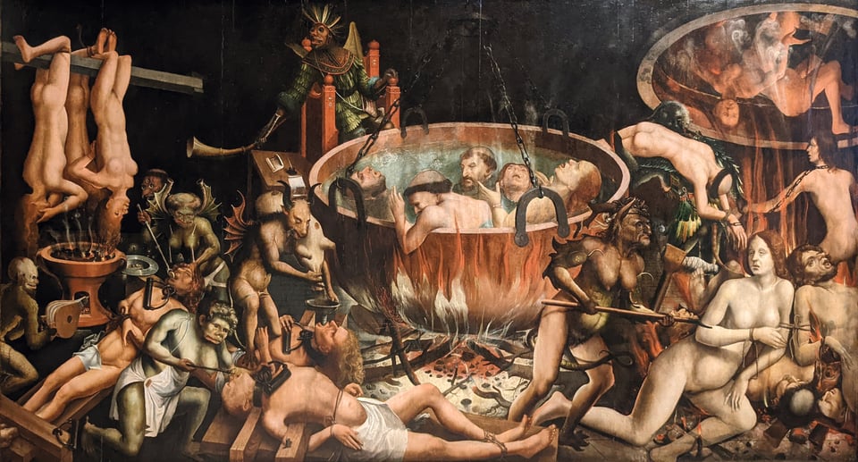 A painting showing, at the centre, a cauldron containing human figures, with Satan in a chair presiding over them; other people are arrayed around it, enduring torments administered by demons.