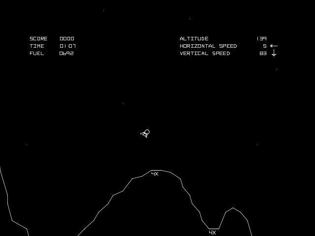 A screenshot of the late 70s arcade game Lunar Lander. It is a black screen with thin white drawings on it. There is bumpy terrain on the bottom, and a lunar lander in the middle of the screen titled sideways.