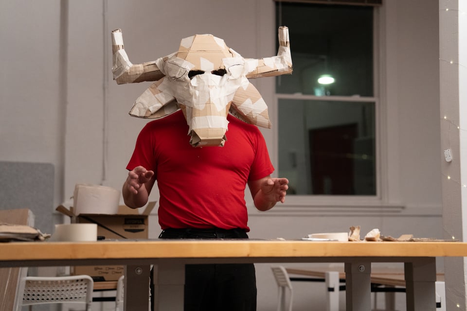 Dan wearing a bull mask.