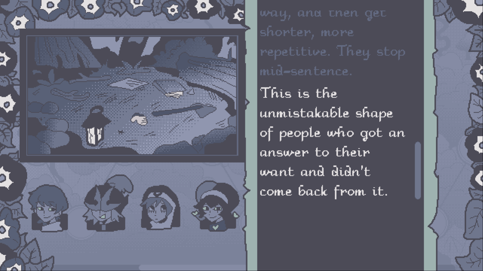A screenshot from the visual novel "Today, I'll Be The Hero". Highlighted dialogue on the right side of the screen reads "This is the unmistakable shape of people who got an answer to their want and didn't come back from it." An illustration of an abandoned campsite is to the left of the textbox.