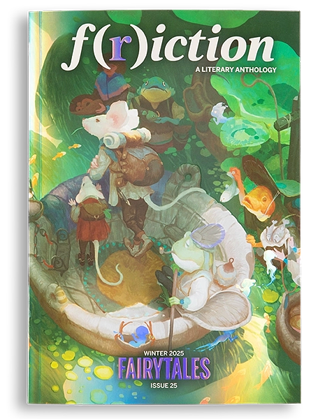 Cover image of the literary magazine F(r)iction, issue 25, themed on Fairy Tales, with a high color illustration of mice wearing clothes on a basket riding down a stream.