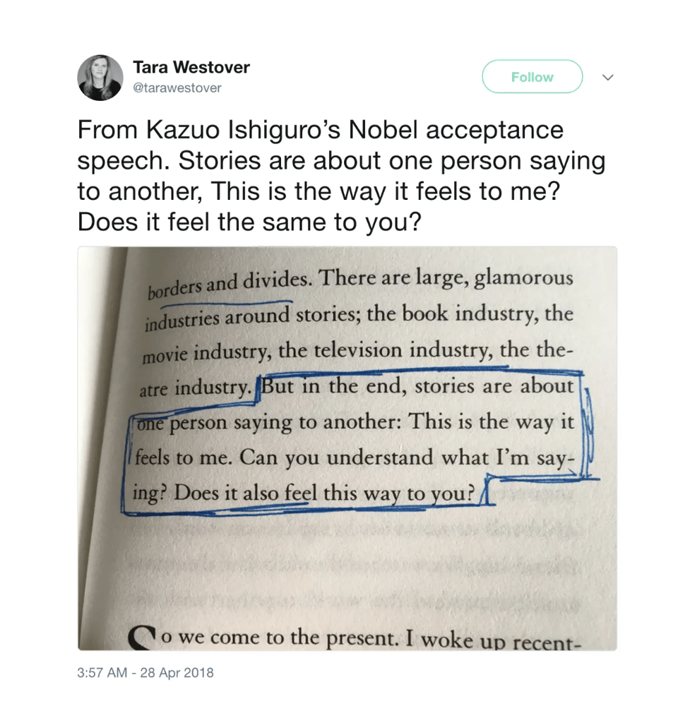 [An Are.na block that is a screenshot of a Tweet, with a photo of a book passage. The relevant part: “But in the end, stories are about one person saying to another: This is the way it feels to me. Can you understand what I’m saying? Does it feel this way to you?”]