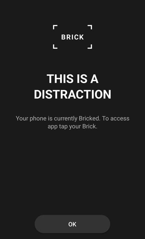 a Brick screenshot that says "This is a distraction. Your phone is currently Bricked. To access app, tap your Brick."