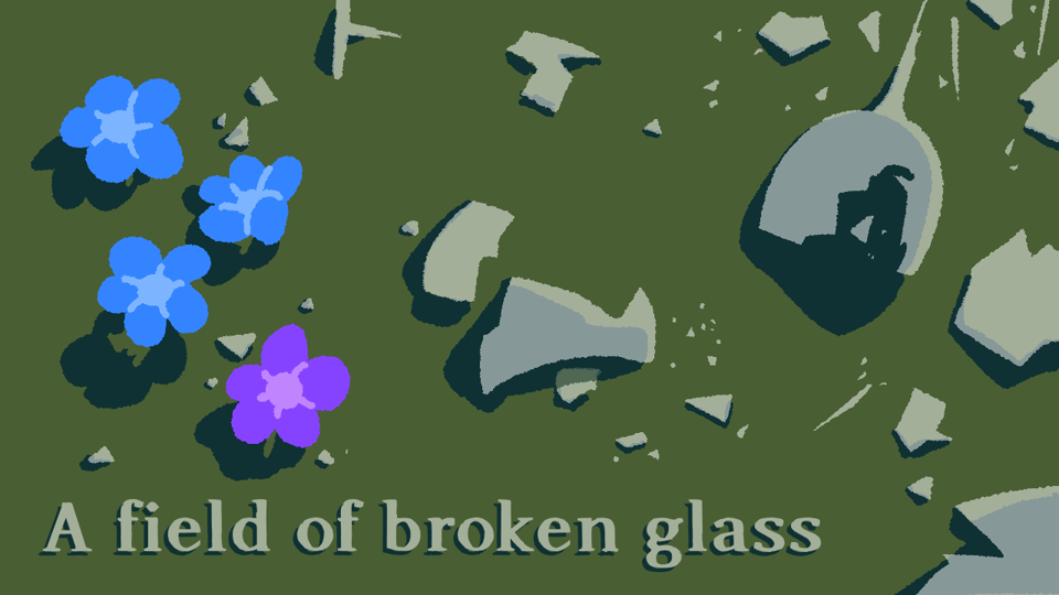 Key art for the game "A field of broken glass". Shattered glass is scattered around a grass field, with four flowers in it.