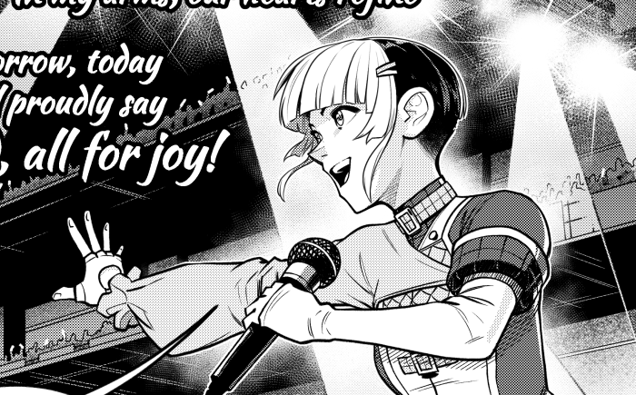 An idol sings on stage with a bright and cheery look on her face.