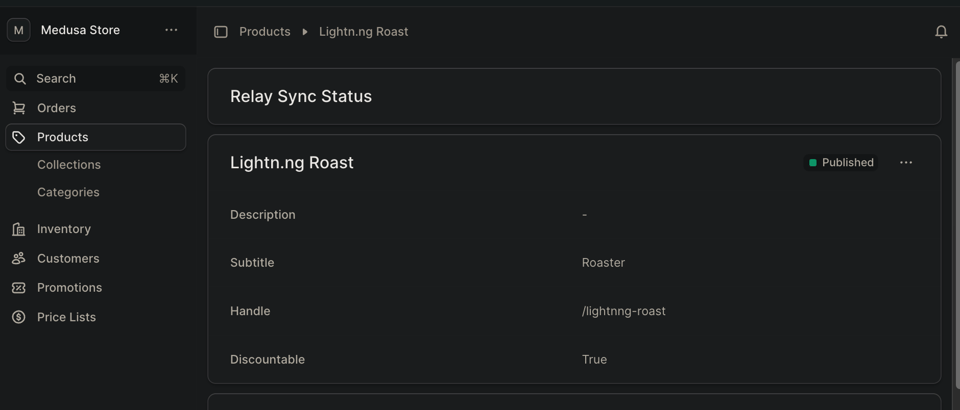 A screenshot of Conduit’s Medusa-based system successfully updating Nostr product events on a strfry relay