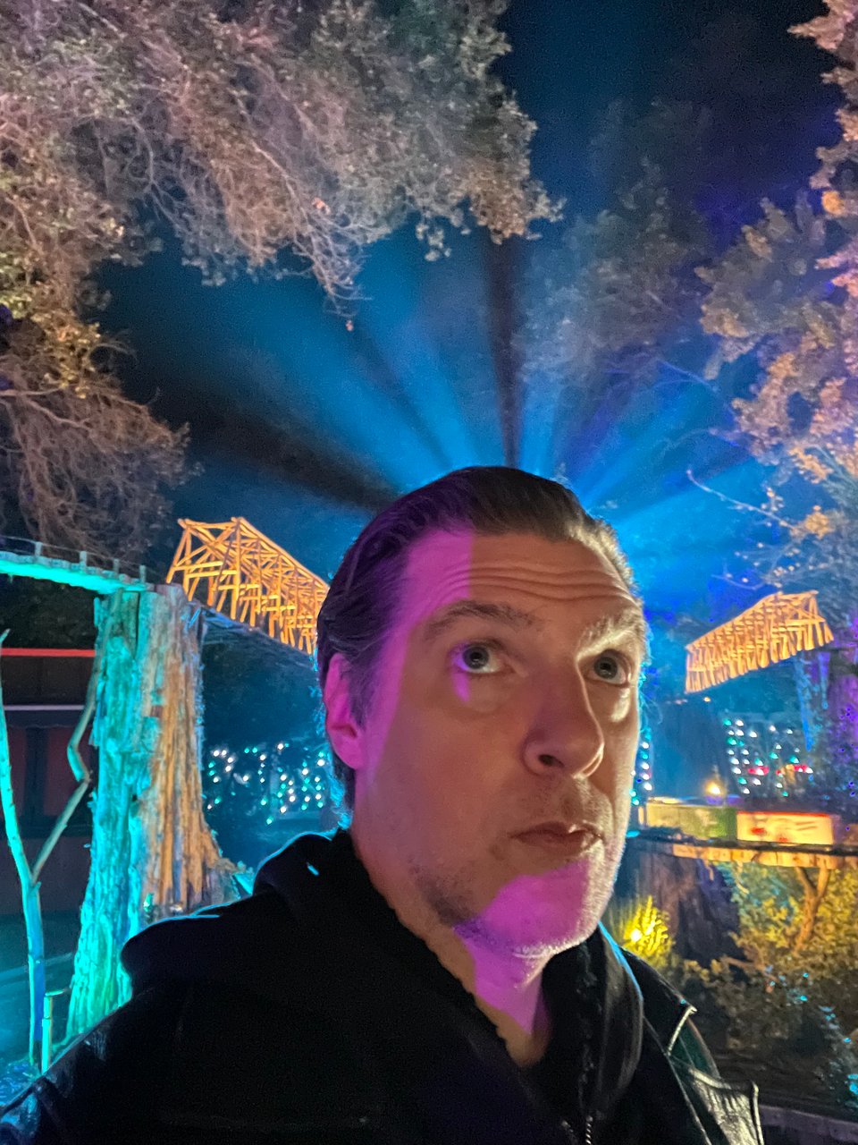 A man's head. He looks above himself where ghostly blue light shoots out. It's a light show at a garden at night