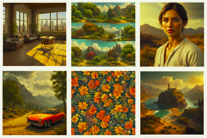 a living room, three stacked landscapes, a woman, a red car, floral wallpaper, and an island castle