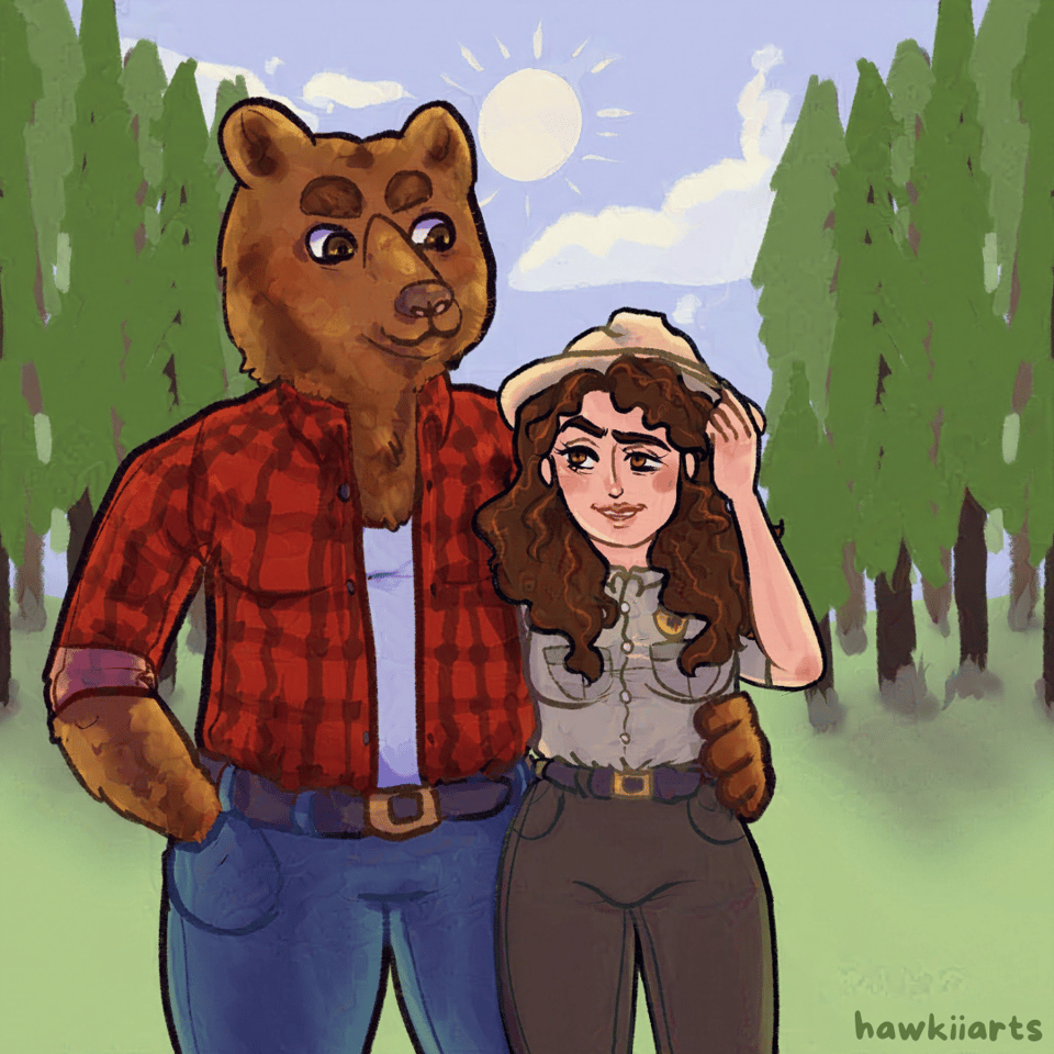 An illustration of a park ranger in uniform with long wavy brown hair, and an anthropomorphic bear with his arm around her waist.
