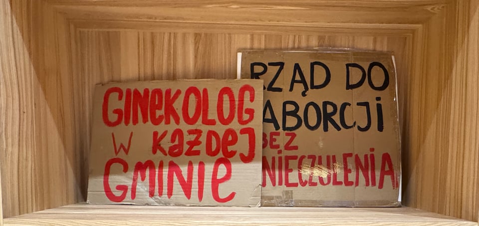 cardboard signs painted with Polish slogans for abortion access on display on a woodgrain shelf.