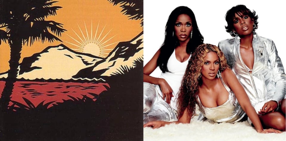 First pic: A drawing of mountains with water next to the, seen from the silhouetted vantage point of a incline of grass and bushes, flanked by trees. The sun is just behind the mountains. The water is red, the sky is orange, the mountains are off-white, the sun is yellow. . Second pic: A color photograph of three young Black women, Destiny's Child. They are on a thick white fluffy carpet. Two of them sit on it, while the third is lying down between them. Their clothing is bright and reflective like the astronaut costumes on the De La Soul cover.