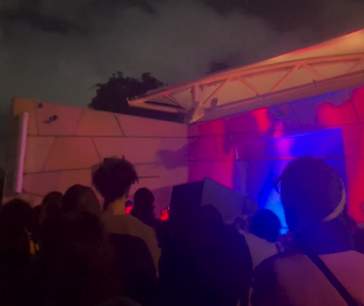 An obscured image of the musician SPELLLING performing.