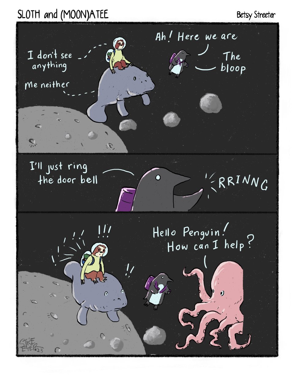 Sloth and Manatee comic in which they meet an octopus who is keeper of the bloop, or the bloop master