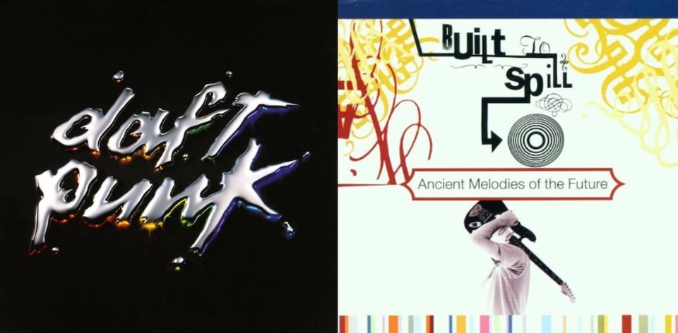 First pic: The Daft Punk logo rendered in a silver, mercury-like liquid. Underneath the letters are glowing highlights, running the rainbow from red on the left to indigo on the right. This is on a black background. Second pic: In the middle of a white background is a black and white photo of a man holding a guitar on his shoulder so that the body of it obscures his head and the neck of it shoots out from his back.