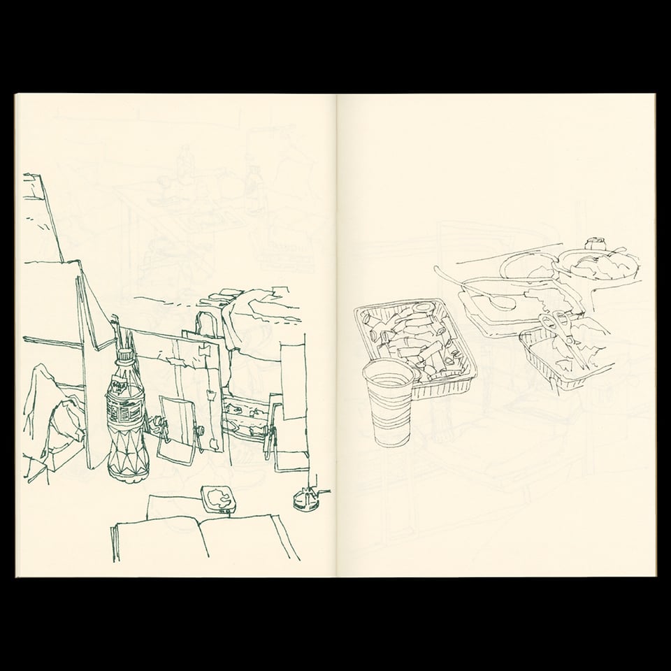 sketches: the back of a table at an event, various trays of food on a table