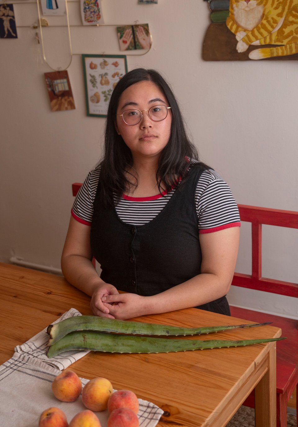 an asian person with long, dark hair and glasses sits at a table with two long leaves of aloe and several peaches on two kitchen towels