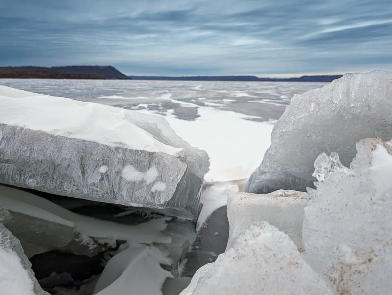 Let’s hope the ice on Lake Pepin and Pleasant Valley Lakelet (the Frontenac pond) is at least this thick this winter. Even if it is, wind and waves can break it up and push it onto the Old Frontenac beach, where we admire it as similar to ancient, or maybe to very modern abstract, art. Nature is the finest artist of all, always. / Photo by Jake Gaster