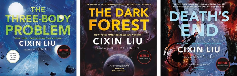 Covers for the three audiobooks that make up the Remembrance of Earth's Past trilogy