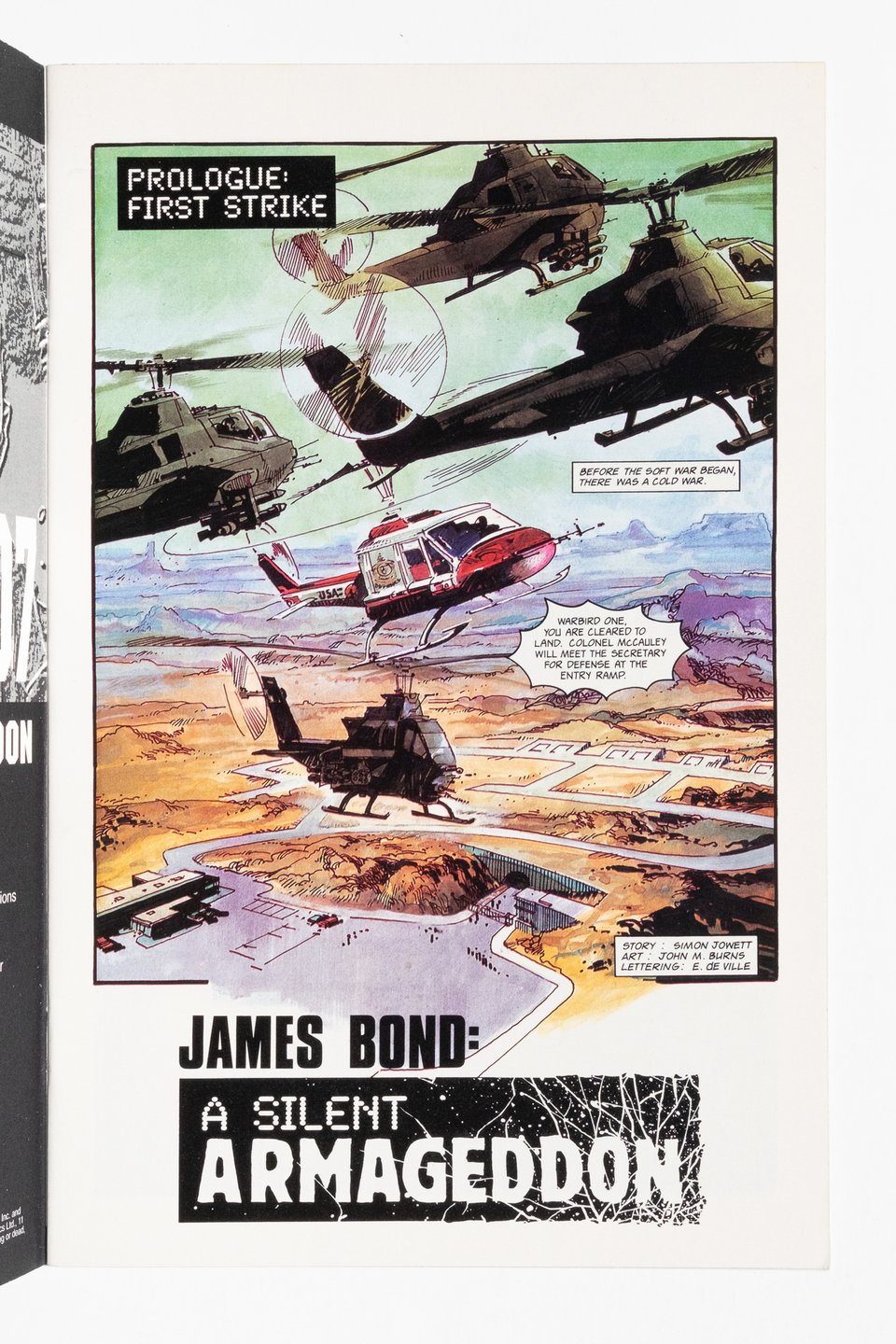 A title page from a James Bond comic showing lots of helicopters.