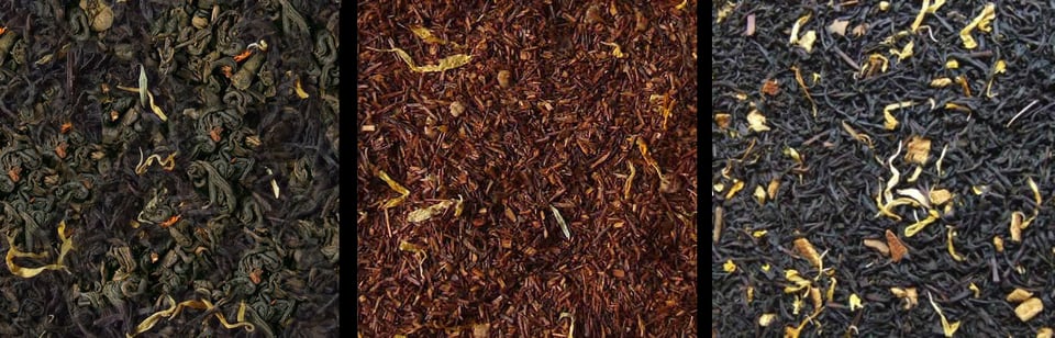 triptych of Chocolate-Covered Strawberry, Mocha Rocha Rooibos, and Red Hot Chocolate leaves