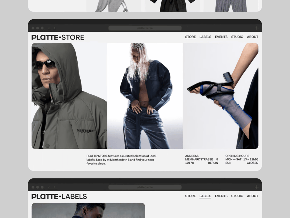 A screenshot showcasing the new PLATTE website, showing a teaser image for their shop, with several clothing items