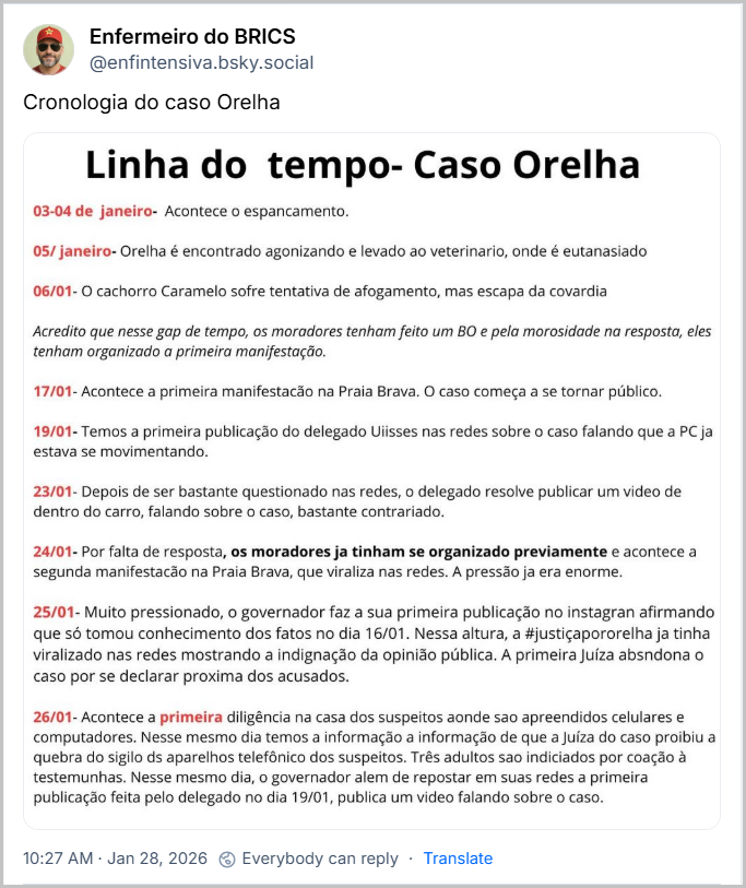 Post de Enfermeiro do BRICS (‪@enfintensiva.bsky.social‬) com o texto: 
Cronologia do caso Orelha (imagem com o texto: Linha do tempo- Caso Orelha
03-04 de janeiro- Acontece o espancamento.
05/ janeiro- Orelha é encontrado agonizando e levado ao veterinário, onde é eutanasiado
06/01- O cachorro Caramelo sofre tentativa de afogamento, mas escapa da covardia
Acredito que nesse gap de tempo, os moradores tenham feito um BO e pela morosidade na resposta, eles tenham organizado a primeira manifestação.
17/01-Acontece a primeira manifestação na Praia Brava. O caso começa a se tornar público.
19/01- Temos a primeira publicação do delegado Ulisses nas redes sobre o caso falando que a PC já estava se movimentando.
23/01- Depois de ser bastante questionado nas redes, o delegado resolve publicar um vídeo de dentro do carro, falando sobre o caso, bastante contrariado.
24/01- Por falta de resposta, os moradores já tinham se organizado previamente e acontece a segunda manifestação na Praia Brava, que viraliza nas redes. A pressão já era enorme.
25/01- Muito pressionado, o governador faz a sua primeira publicação no instagram afirmando que só tomou conhecimento dos fatos no dia 16/01. Nessa altura, a #justiçapororelha já tinha viralizado nas redes mostrando a indignação da opinião pública. A primeira juíza abandona o caso por se declarar próxima dos acusados.
26/01-Acontece a primeira diligência na casa dos suspeitos aonde sao apreendidos celulares e computadores. Nesse mesmo dia temos a informação a informação de que a Juíza do caso proibiu a quebra do sigilo dos aparelhos telefônicos dos suspeitos. Três adultos são indiciados por coação à testemunhas. Nesse mesmo dia, o governador além de repostar em suas redes a primeira publicação feita pelo delegado no dia 19/01, publica um vídeo falando sobre o caso.)
