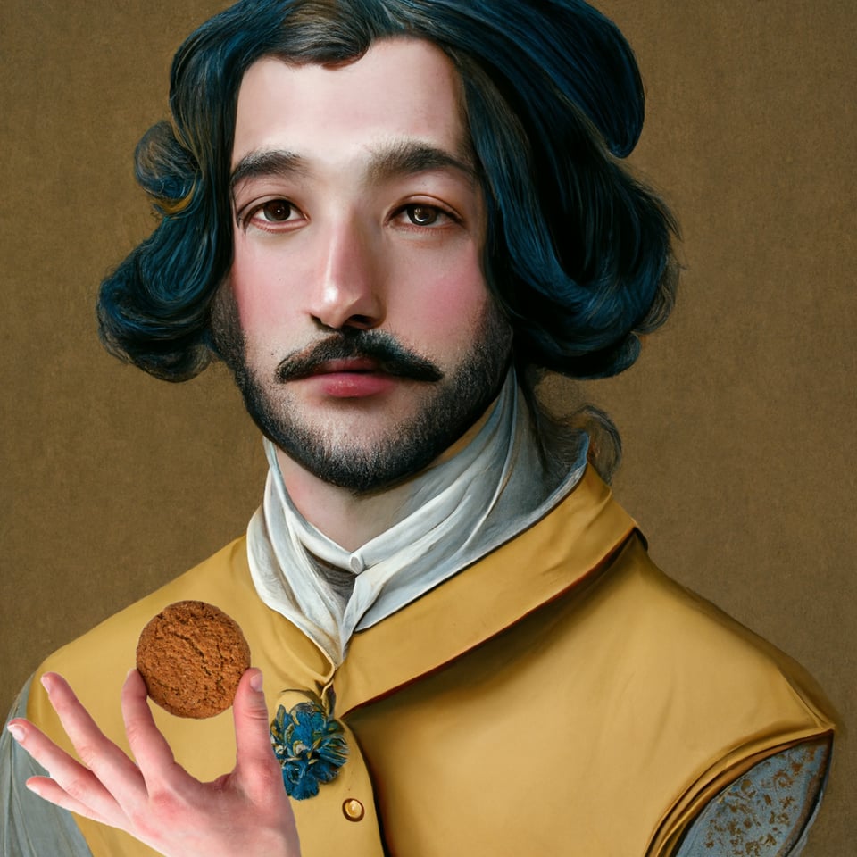 a 17th century fop daintily holds a biscuit, possibly a ginger crunch