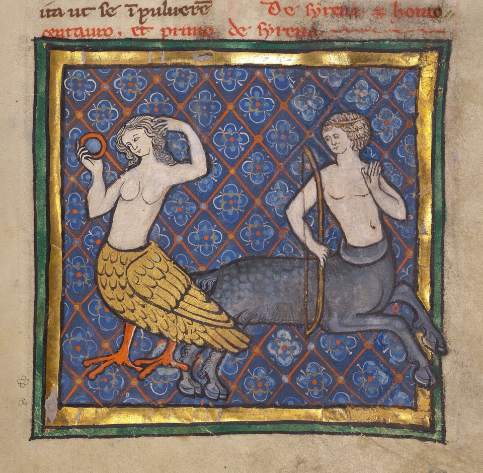 A figure is shown of a human from waist up, with a bird’s torso and legs, looking in a mirror. Another figure is human from waist up, with a horse’s torso and legs, holding a bow and looking at the human-bird hybrid to his right.