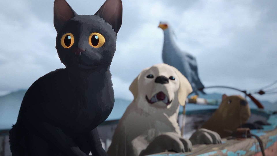 A frame from Flow, with the cat, the fog, the capibara and the bird in the background.