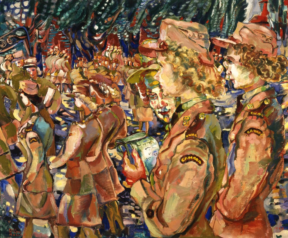 Oil painting. A somewhat abstract painting of women in beige Canadian Women's Army Corps uniforms marking on parade.