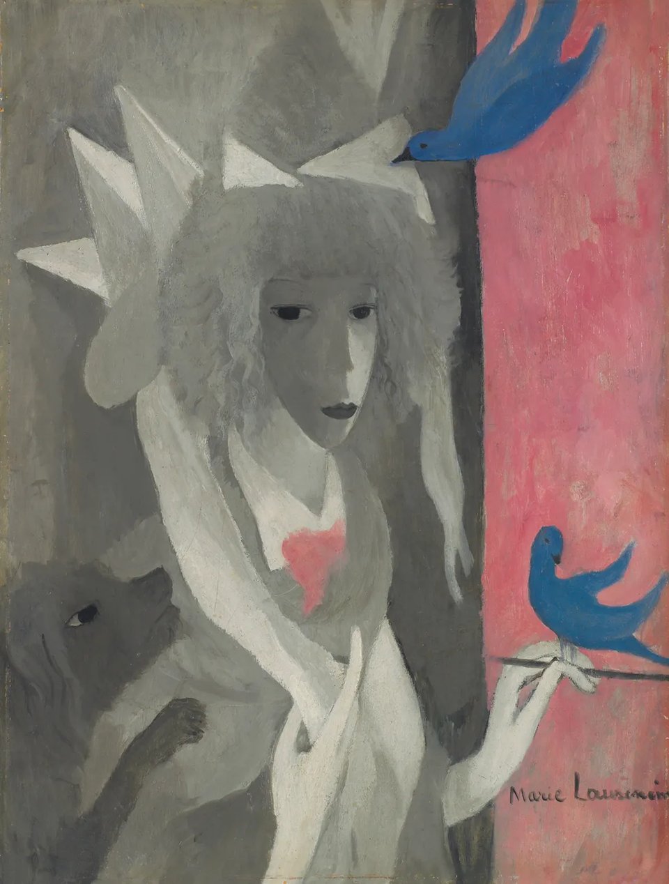 A grisaille (self-)portrait of a woman painting as a dog jumps up on her from behind. A blue bird perches on her brush, against a pink background. The woman's hands are elongated; she has frizzy hair and wears a headdress of pyramidal shapes.