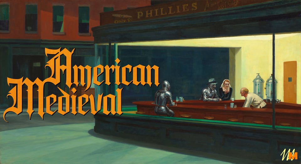 logo for american medieval. a play on the painting "Nighthawks" by Edward Hopper, but with all the characters replaced by knights in armor, a maiden fair, and a peasant with cincture behind the counter.
