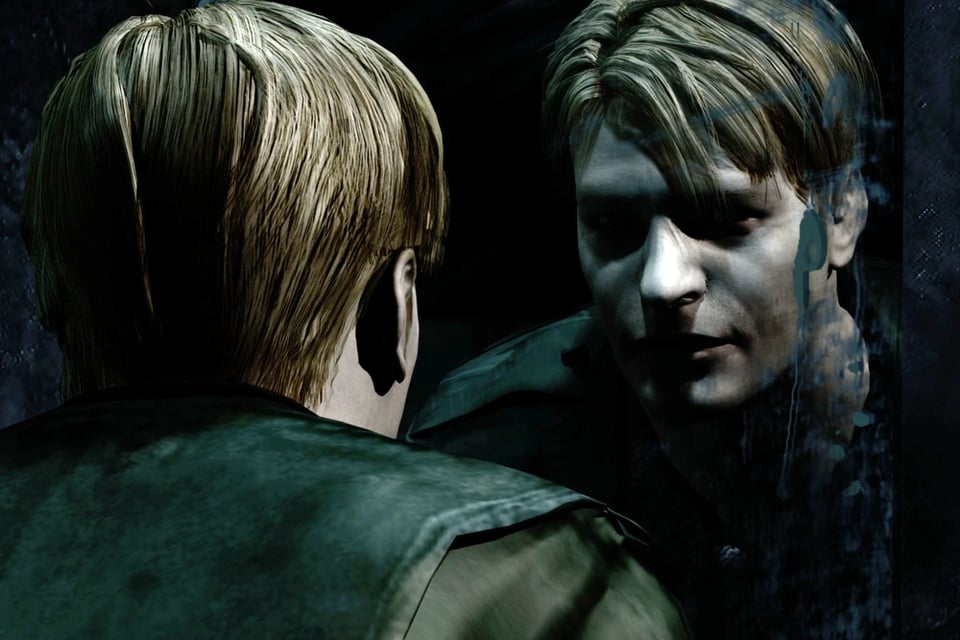 Protagonist James Sunderland looking at his reflection in a dirty rest stop bathroom mirror