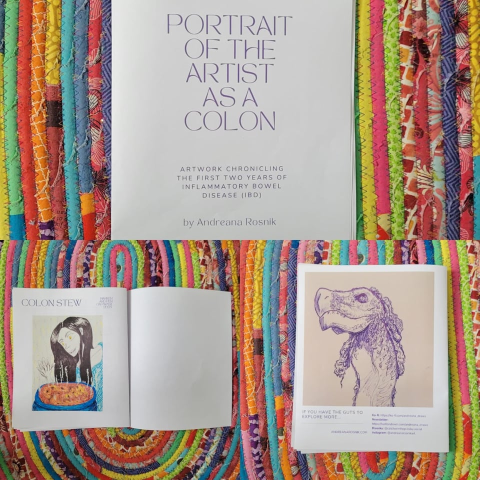 A grid of three images sampling pages from the art zine "Portrait of the artist as a colon". The top image is the title page. The bottom left image depcits art called "Colon stew", which shows a black-haired pale demon looming over a calderon of stew made with a colon; the bottom right image is the back cover, which shows the head of a dragon made to depict the artist's colon.