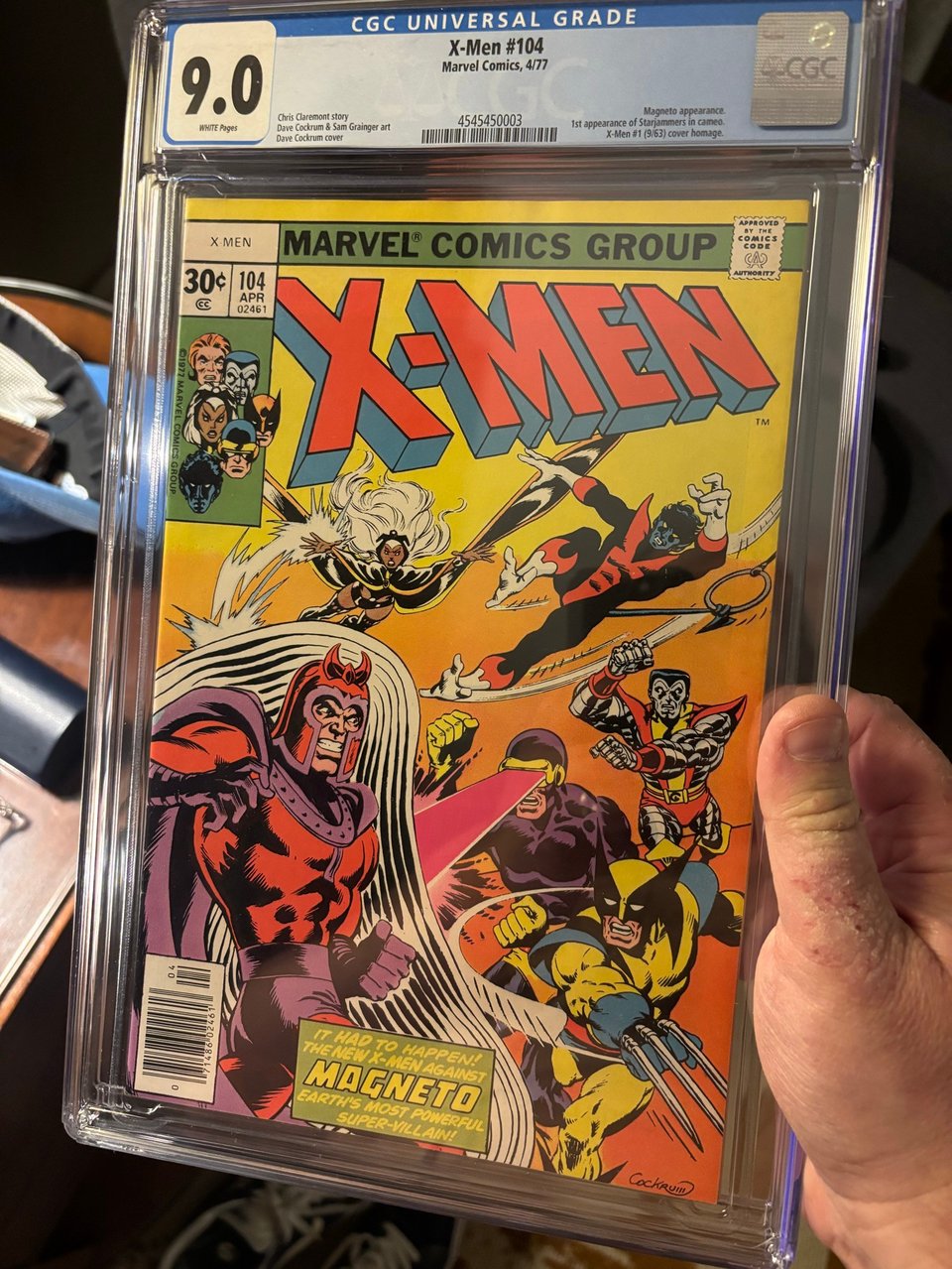 A slabbed copy of X-Men 104, the first appearance of the goddamn Starjammers, slabbed at a grading of 9.0