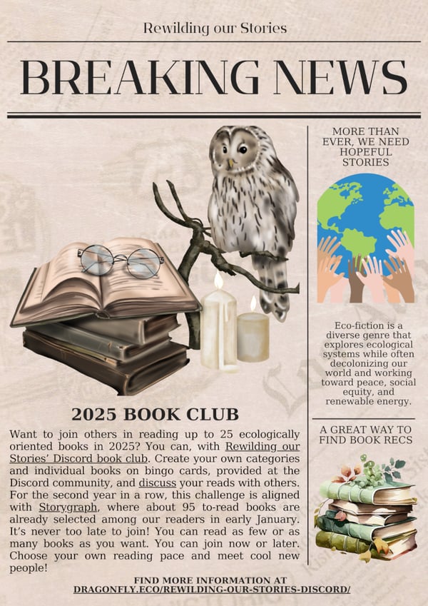 Newspaper type of layout for Rewilding our Stories Discord news, including a 2025 DIY book club. The pictures of are stacks of books, reading glasses, candles, and owl, flowers, and hands reaching to the Earth
