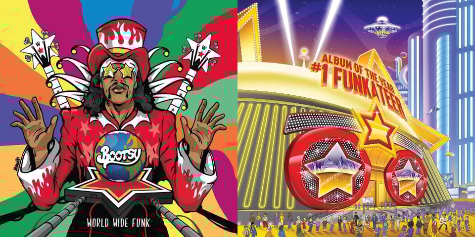On the left: the cover of World Wide Funk by Bootsy Collins. Bootsy, a Black man with a thin handle-bar mustache, wears a red outf it with stylized flames, including a red top hat. Plus star-shaped sunglasses and a durag. He has two basses sticking out from behind him. He raises both palms toward the viewer. In front of him is a star with the planet Earth resting on it, with Bootsy written over the planet. Behind him are wavy rainbow lines radiating from the center of the image. On the right: the cover of Bootsy's new album Album of the Year #1 Funkateer, with a golden building bearing the album's title. Searchlights beam into the sky. Futuristic buildings rise up on the side and in the distance. On the front of the building is a giant version of Bootsy's trademark star sunglasses, plus a third star where a third eye would be. Overhead is a flying saucer. People are milling around in front of the golden building.