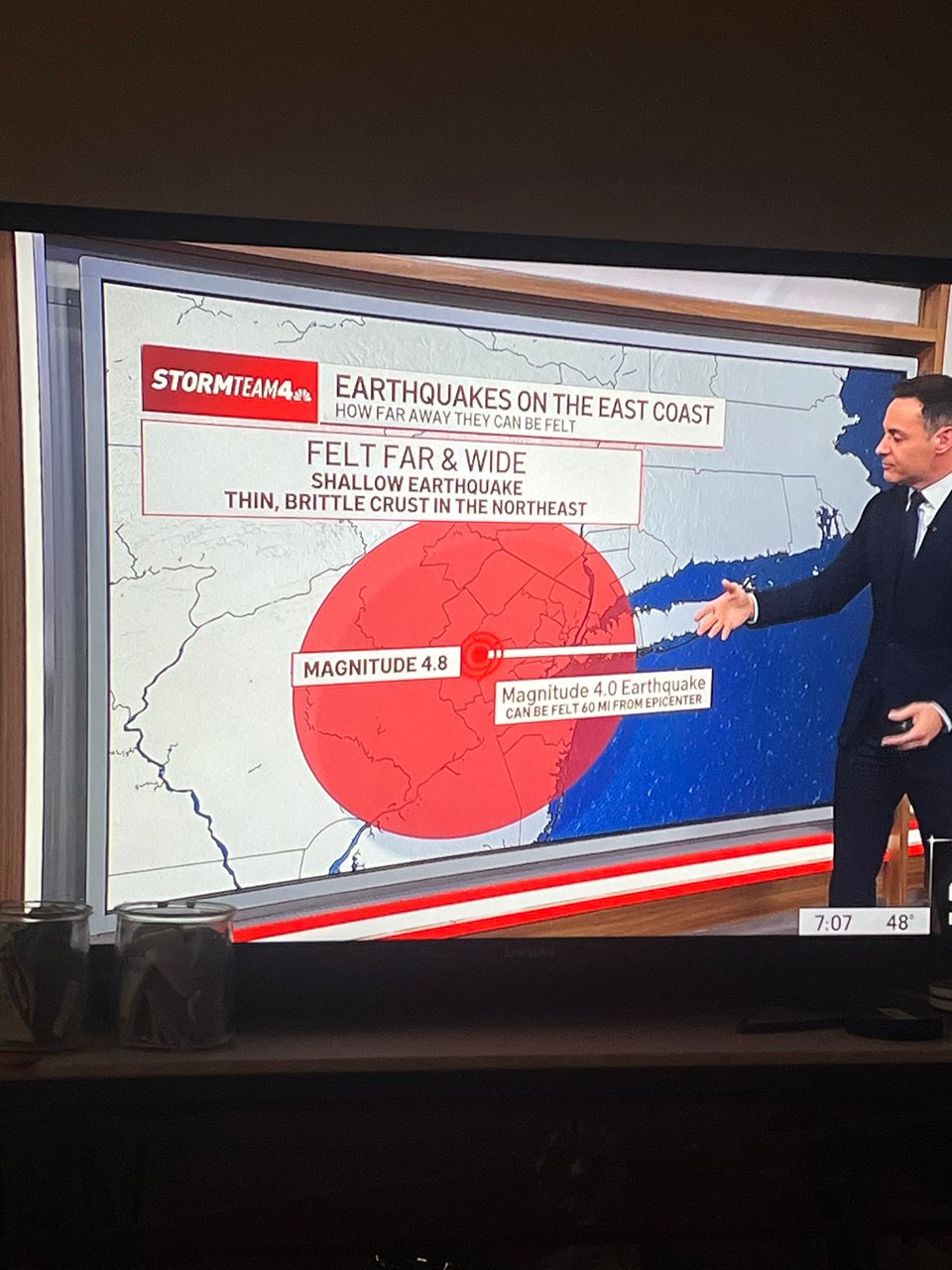 A picture of my TV.  Matt Brickman of NBC4 is explaining earthquakes and aftershocks.