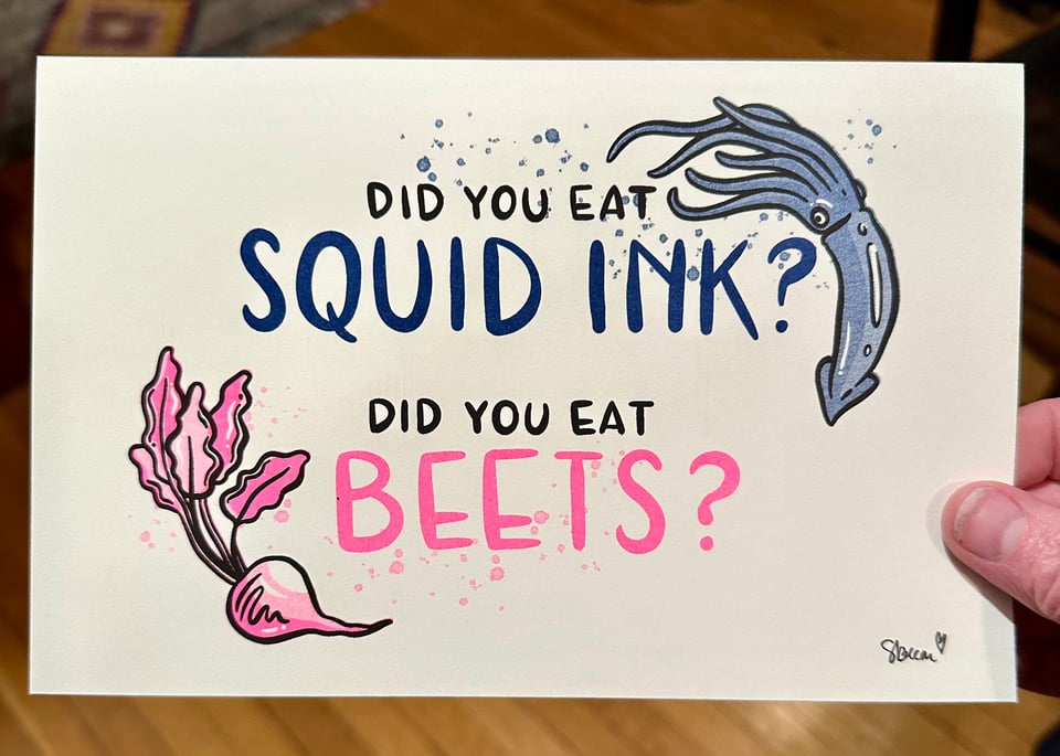 a pink and blue riso print that reads "did you eat squid ink? did you eat beets?"