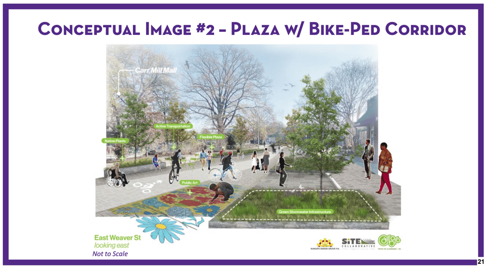 A screenshot of a slide show presentation with the large text "Conceptual Image #2 - Plaza w/ Bike-Ped Corridor" at the top. The image is labeled as not being to scale. It resembles a digital scrapbook in the manner that different images of people and infrastructure have been combined. The base layer is a view of E. Weaver St. looking East from the curb in front of Tesoro. Other layers include a a raised bed green stormwater infrastructure area, an artist crouched and drawing large colorful flowers on the ground, a person in a wheelchair, two people pushing strollers, one person walking with a bike, another riding a bike, and various people walking.