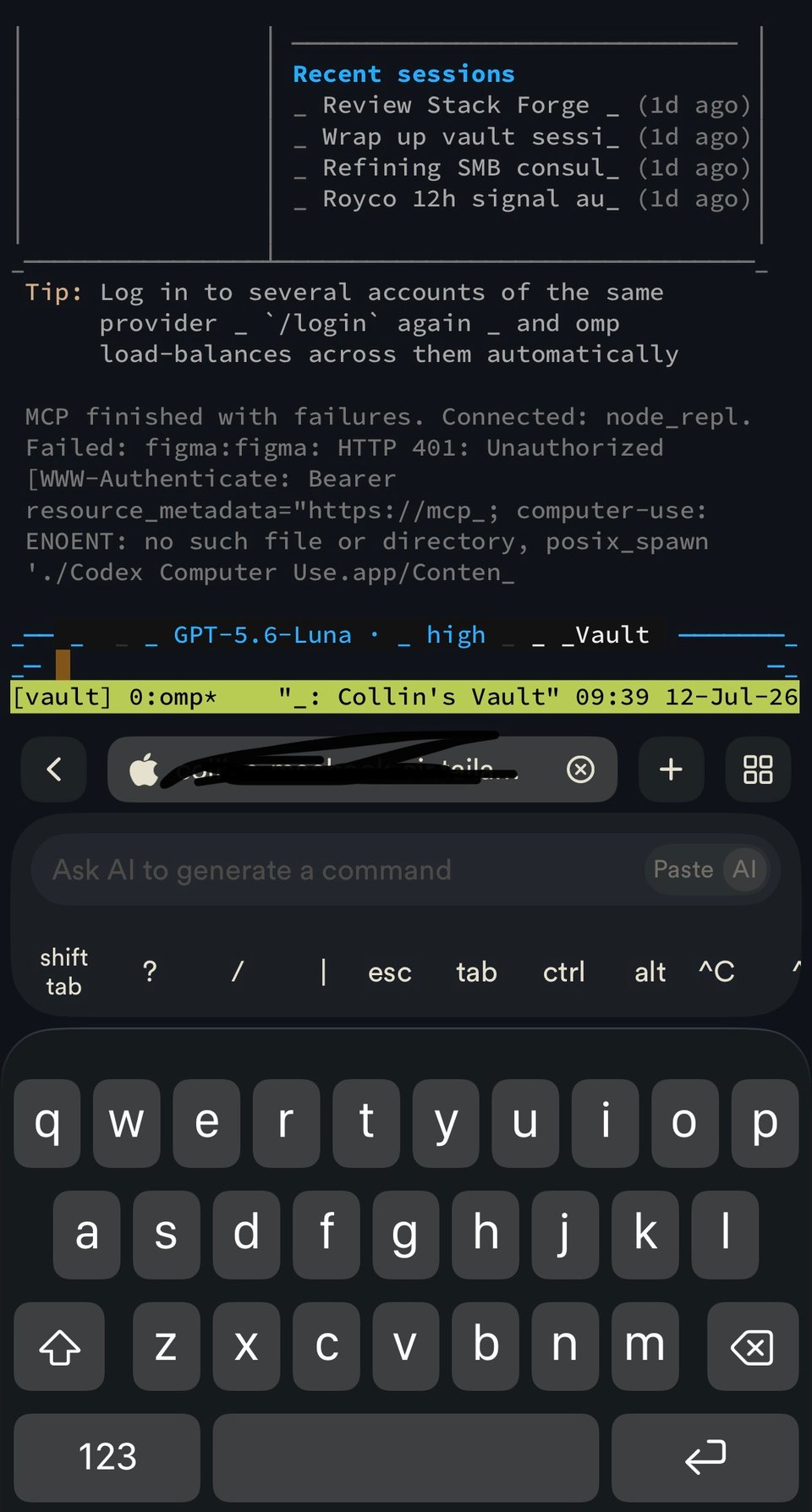 OMP running in a Termius session on Collin’s phone, connected to his Mac over Tailscale
