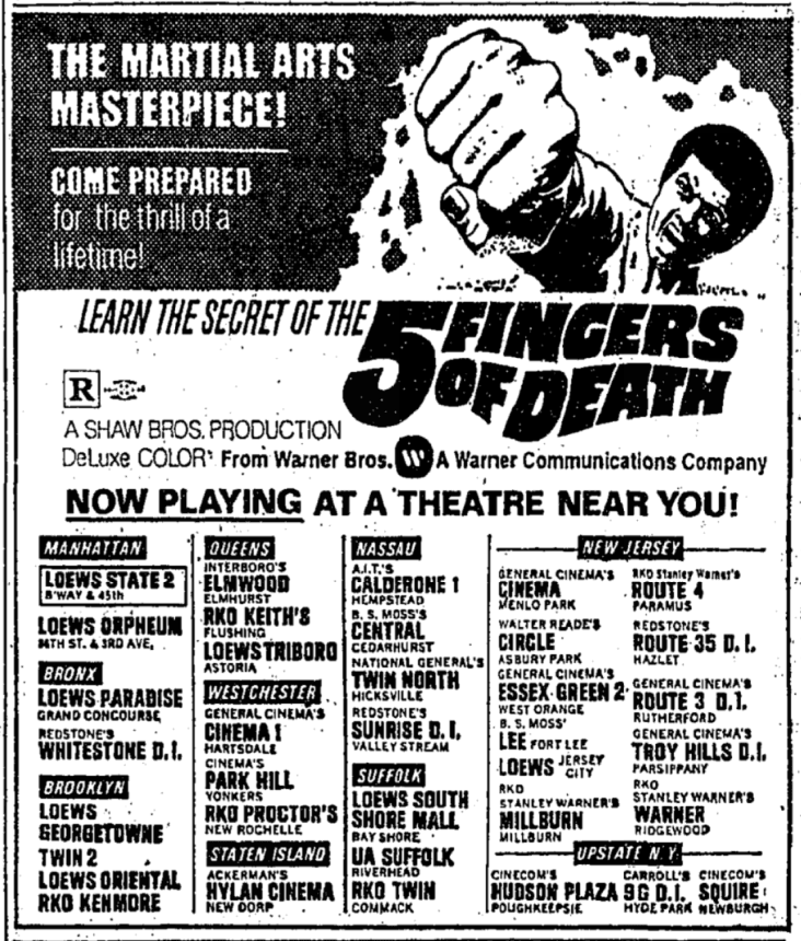 NYC newspaper ad for "Five Fingers of Death."