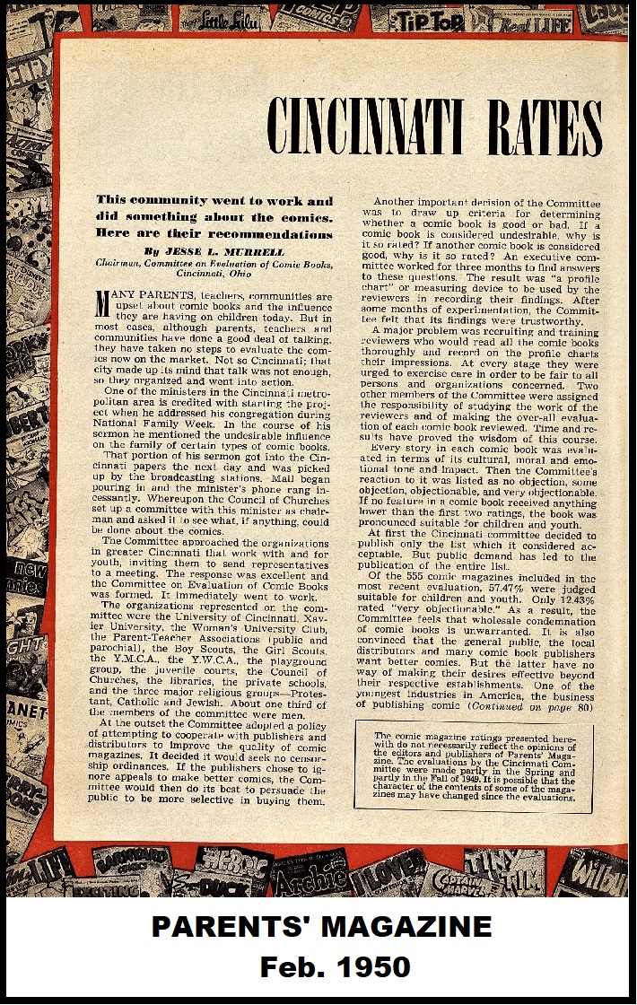Page one of two of a spread in Parents Magazine from February 1950 that talked about the work the Cincinnati Committee on the Evaluation of Comics did and their ratings of hundreds of titles.