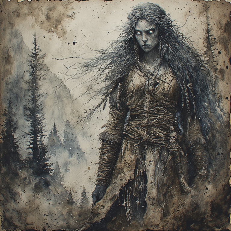 Watercolor illustration of a fearsome giantess, dressed in weathered fabric and pelts. Her hair is a long, graying mane, her eyes burn with cold ferocity, and she wears a weapon on her belt with a skull on the pommel. The giantess strides through a mountainous valley, towering over the tall pines around her.