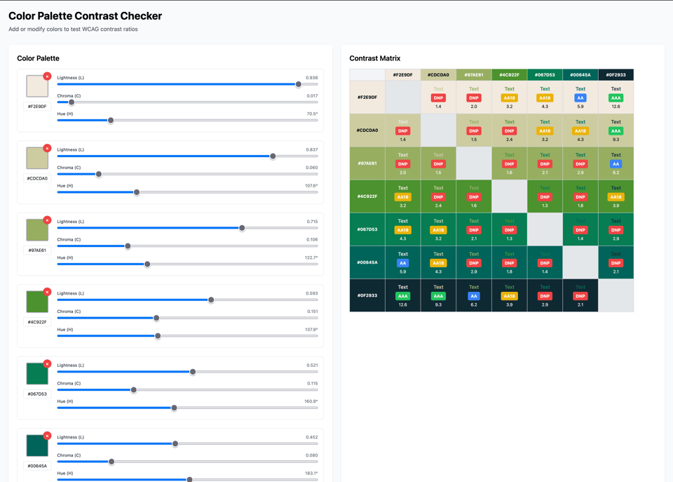 A screenshot of color contrast matrix where, on the left, users can input teh colors, see a satch, adjust the Lightness, chroma, and hue of each color using a slider. The contrast matrix on the right shows those colors and how they relate to each other for compliant color pairings.