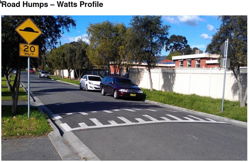 Image of an asphalt speedhump, painted with white lines for visibility